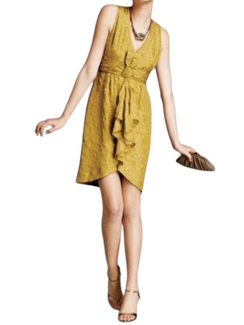 Anthropologie BHLDN Quillaree Silk Yellow Gold Tethered Dots Dress Size 4 $300 - Picture 2 of 8